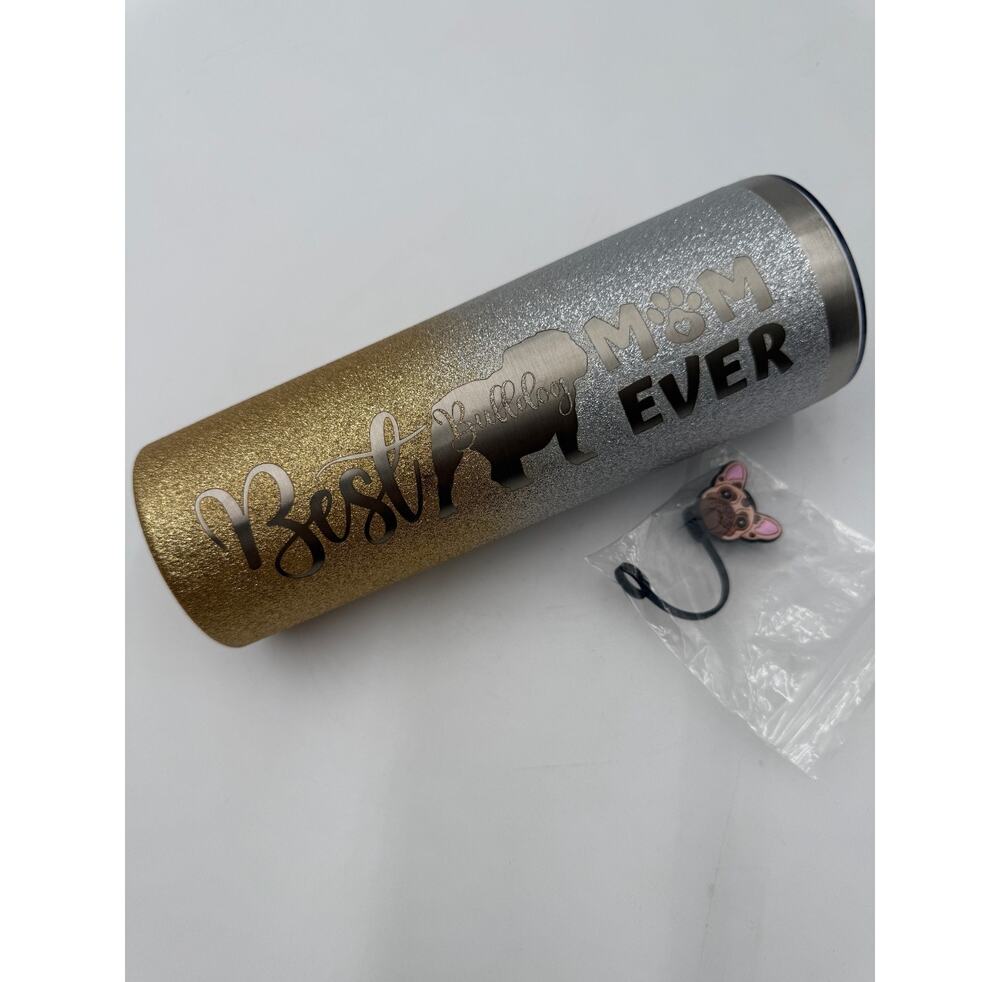 20 oz Skinny Tumbler Stainless Travel Mug "Best Bulldog Mom Ever" Heart glitter